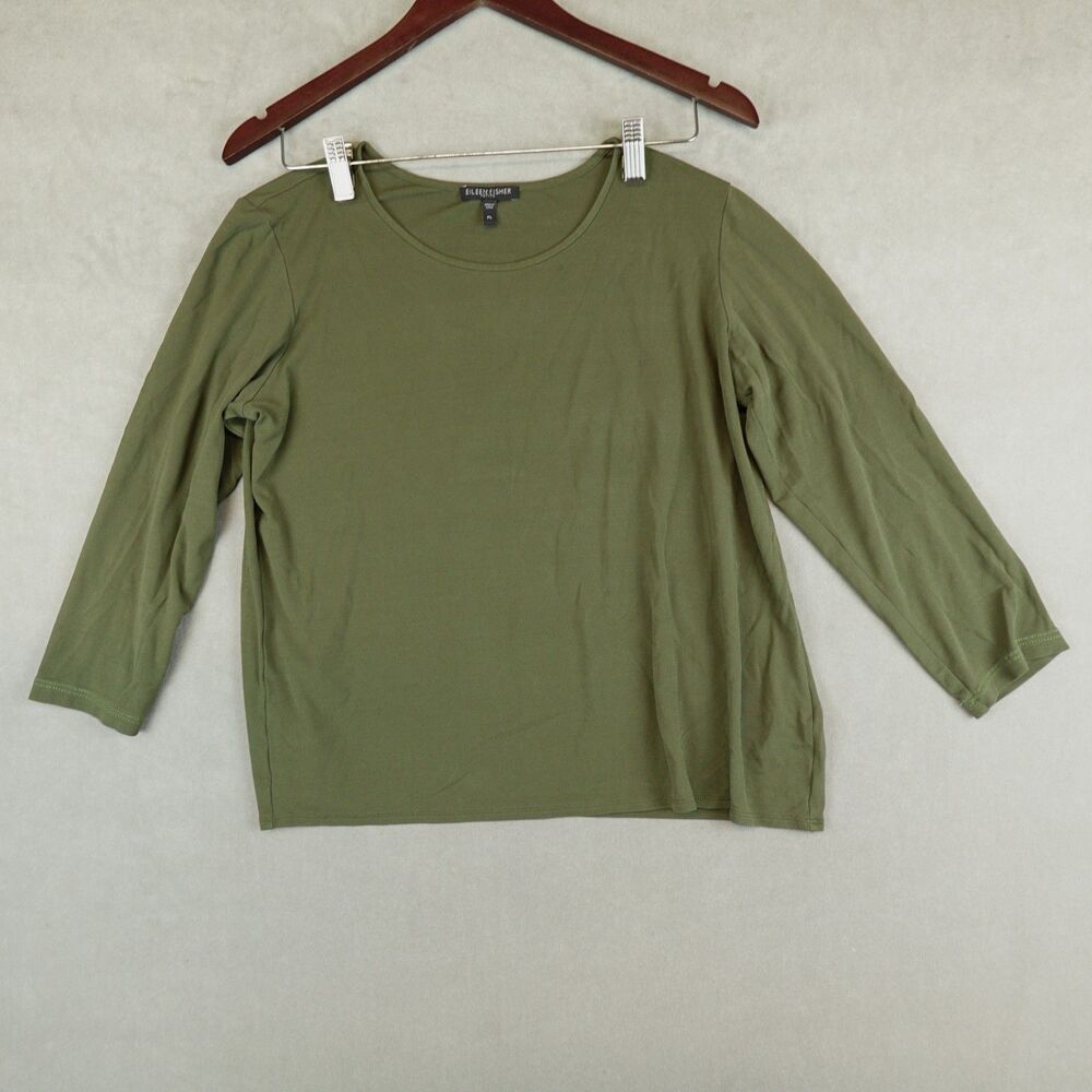 Eileen Fisher Shirt 100% Silk Jersey Long Sleeve Petite Large Tee Green Classic